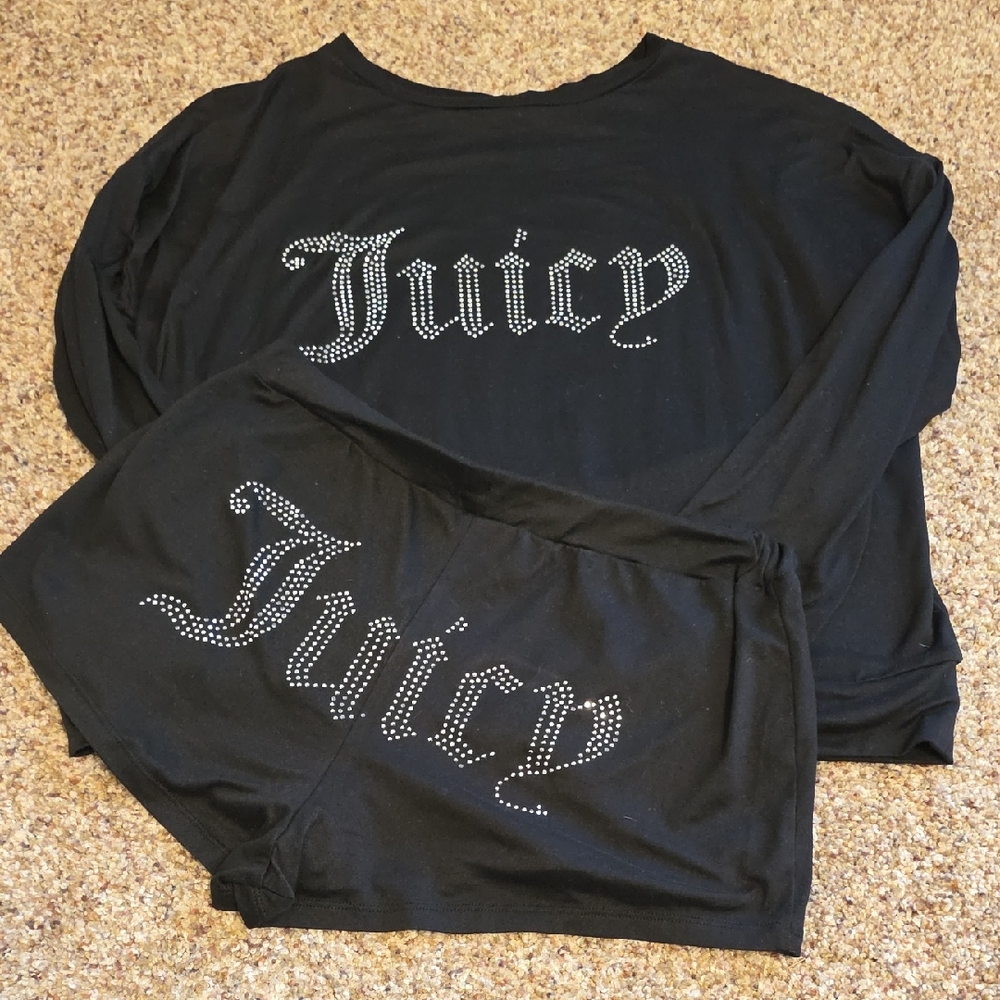 Juicy Couture Black Rhinestone Logo Lounge Set — Top & Shorts